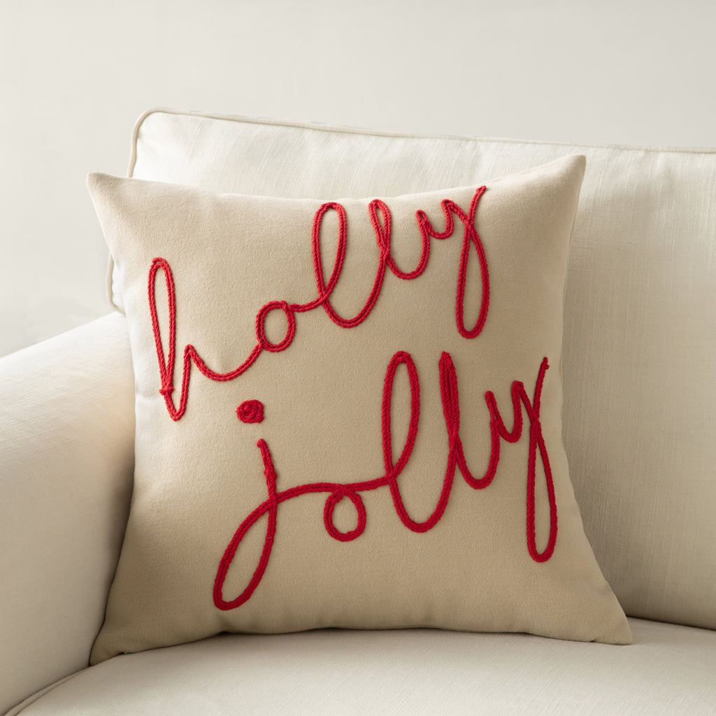 Embroidered Green Holly Christmas Pillow